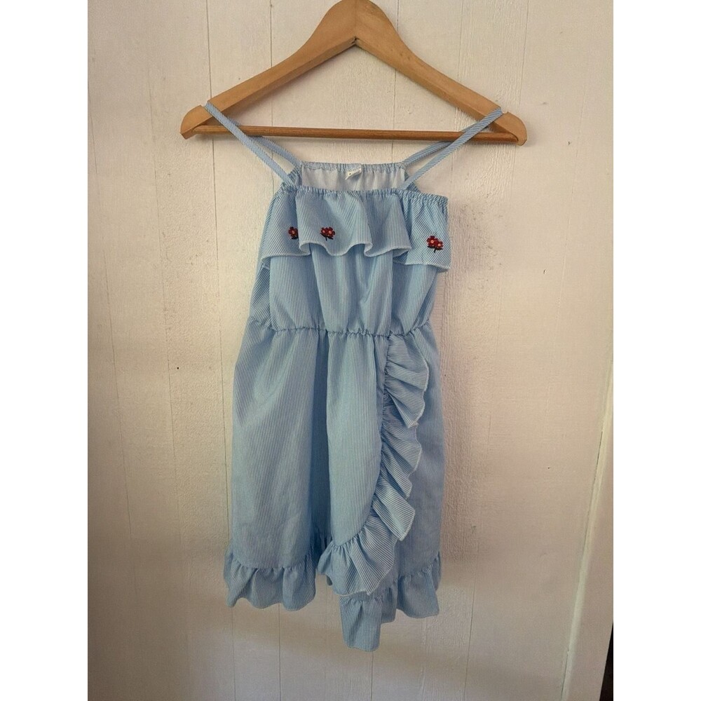 SHEIN Girls Blue Striped Ruffle Dress with Cherry Embroidery Size 7Y